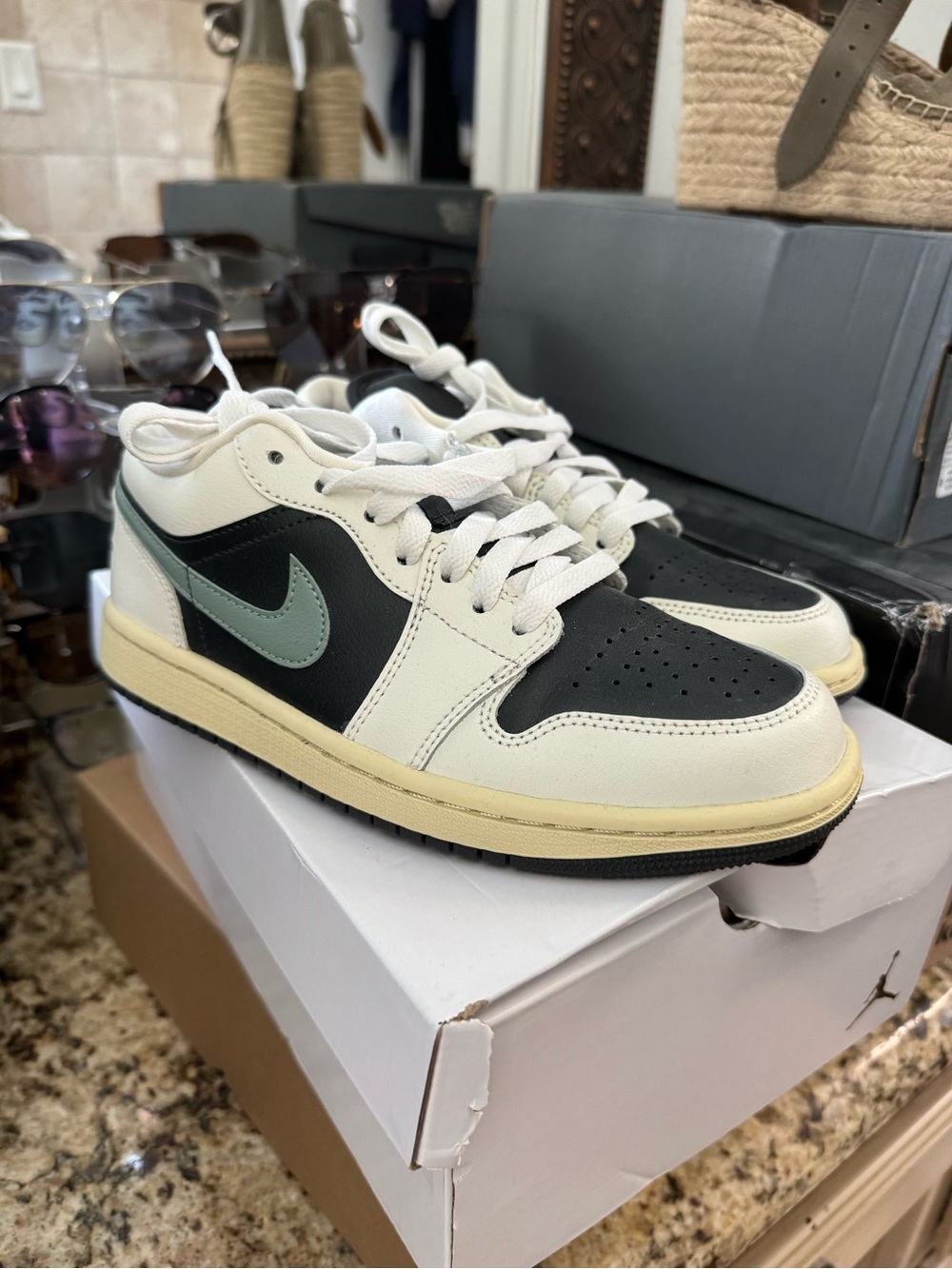 Jordan Low-Top Sneakers in White, Black & Mint